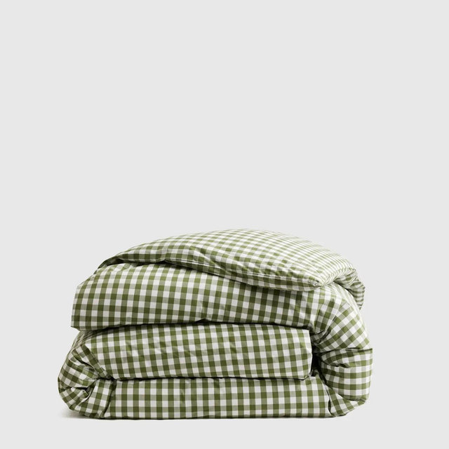 Twin Classic Organic Percale Gingham Duvet Cover in Olive