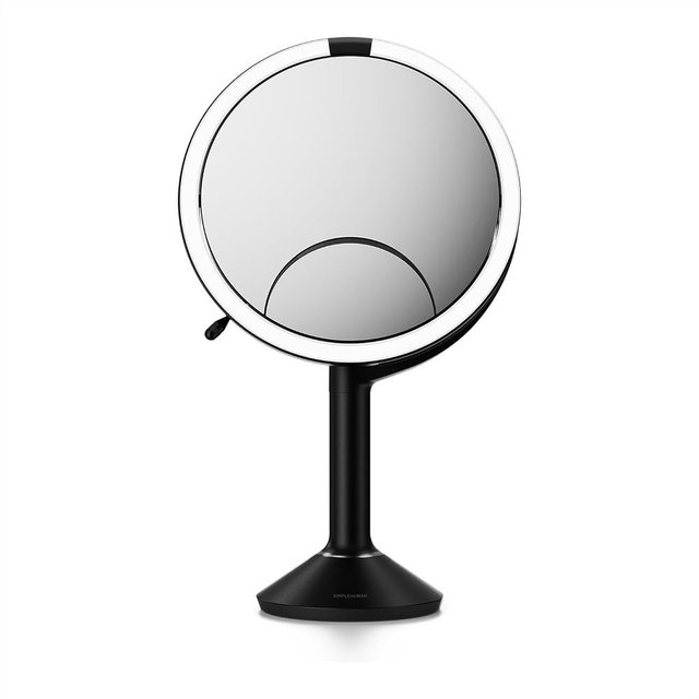 simplehuman Sensor Mirror Trio, 1X 5X 10X Magnification, Round Rechargeable Beauty Makeup Mirror, Tru-Lux® Full-Spectrum Light, Dual Light Settings, Adjustable Brightness, Matte Black Steel
