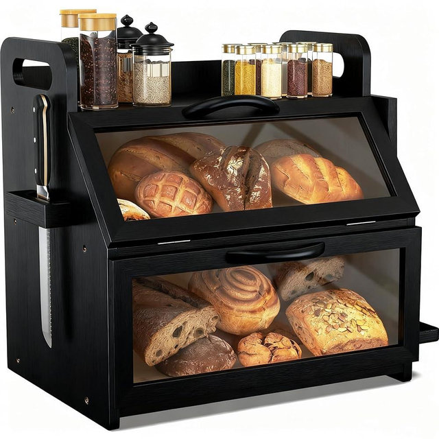 BAMBANG Extra Large Bread Box, Double Layer Bread Box for Homemade Bread, Bamboo Wooden Bread Storage Container with Tool Holder & Handles & Window, Assembly Required(14.9" x 11" x 15.3") Black