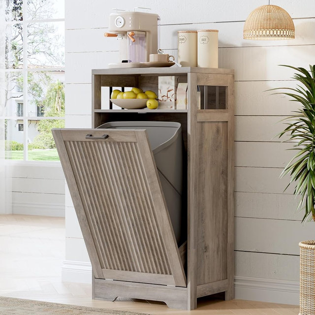 jmhdyg Pet-Proof Single 13 Gallon Tilt Out Trash Can Cabinet with Open Storage – Hide Garbage & Recycling Bins to Keep Your Kitchen Clean and Organized,Wood Grey