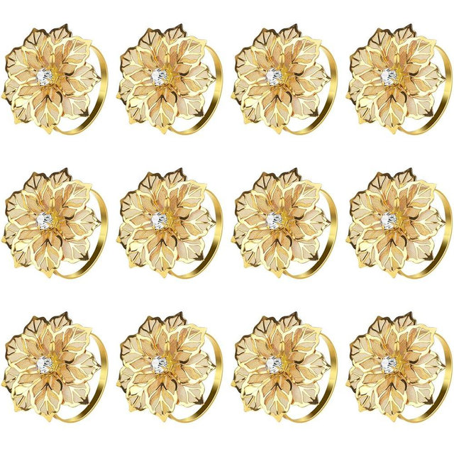 KPOSIYA Flower Napkin Rings Holder Metal Gold Napkin Rings Set of 12 for Wedding Party Holiday Banquet Christmas Dinner Delicate Serviette Buckles Decor Favor (12, Flower-Gold)