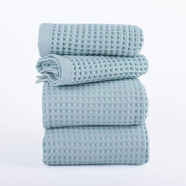 Püskül - 4 Pieces Waffle Towel Sets for Bathroom, Premium Organic Turkish Cotton 2 Hand Towels 2 Bath Towels Set (Ice Green)