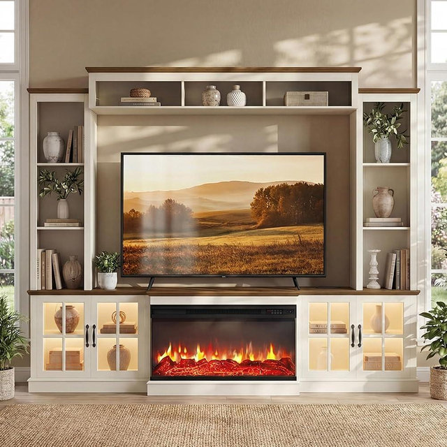 Nordivale 98” Farmhouse Entertainment Center with 36" Fireplace, TV Stand, Bookshelf, Wine Cabinet, Fits TVs up to 75", Wall Unit Media Console with Power Outlets and Barn Doors for Living Room, White