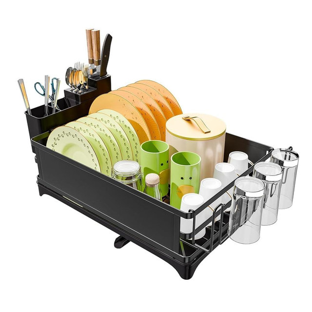 Simple Trending Dish Drying Rack, Waterproof Dish Organizer, Kitchen Dish Rack, Removable Utensil Rack and Cup Holder, 11.7“W x 16.5”L, Black