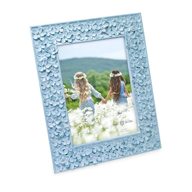 Isaac Jacobs 5x7 Blue Flower Textured Hand-Crafted Resin Picture Frame w/Easel & Hook for Tabletop & Wall Display, Decorative Floral Design Home Décor, Photo Gallery, Art (5x7, Blue)
