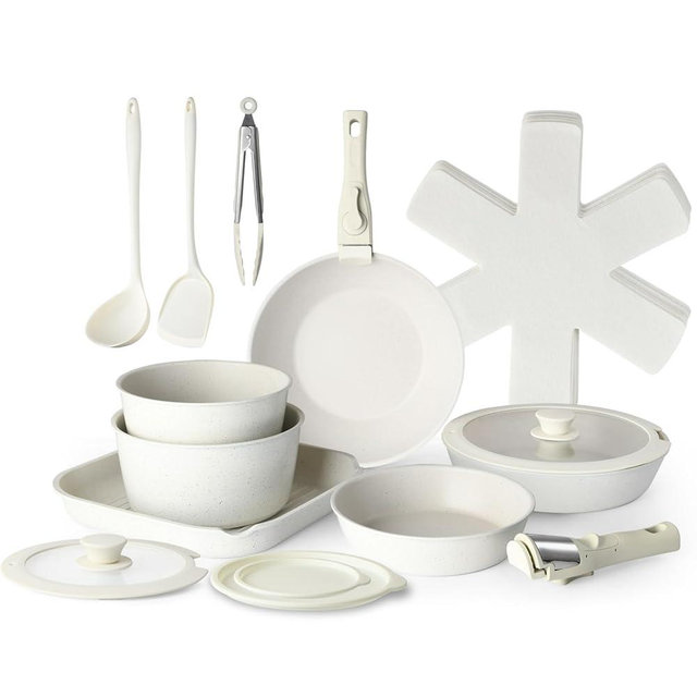 USELUCK 20 Pcs Pots and Pans Set Non Stick, Stackable Cookware Sets with Detachable Handle, Granite Induction RV Kitchen Portable Cooking Set Removable Handles, Dishwasher ＆ Oven Safe, Cream White