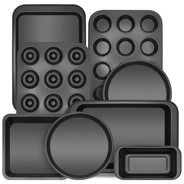 Bakeware Sets, Nonstick Baking Pans Set 8 Piece Including Donut Pan,2 Round Cake Pan, Square Cake Pan, Loaf Pan, Muffin Pan, Cookie Sheet, Roast Pan, Carbon Steel Bake Set (black)