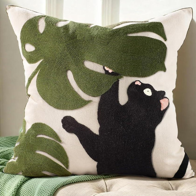 Kokaaee Spring Pillow Cover 18x18 Inch – Embroidered Summer Throw Pillow Cover Cat Monstera Leaves Farmhouse Decorative Cushion Case with Hidden Zipper Decoration for Couch, Sofa, Living Room(1 Pack)