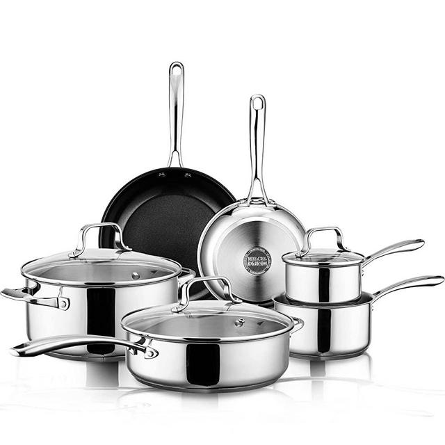 MILCIL Stainless Steel Pots and Pans Set Ceramic Nonstick, 10 Pieces Professional Home Chef Kitchen Cookware Set with Stay-Cool Handles, Mirror Polished, Unique Cooking Gifts for Men & Women