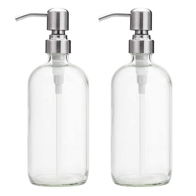 AmazerBath 2-Pack Soap Dispensers, 16 OZ Clear Glass Soap Bottles with Stainless Steel Pump Hand Soap Lotion Dispensers for Bathroom and Kitchen