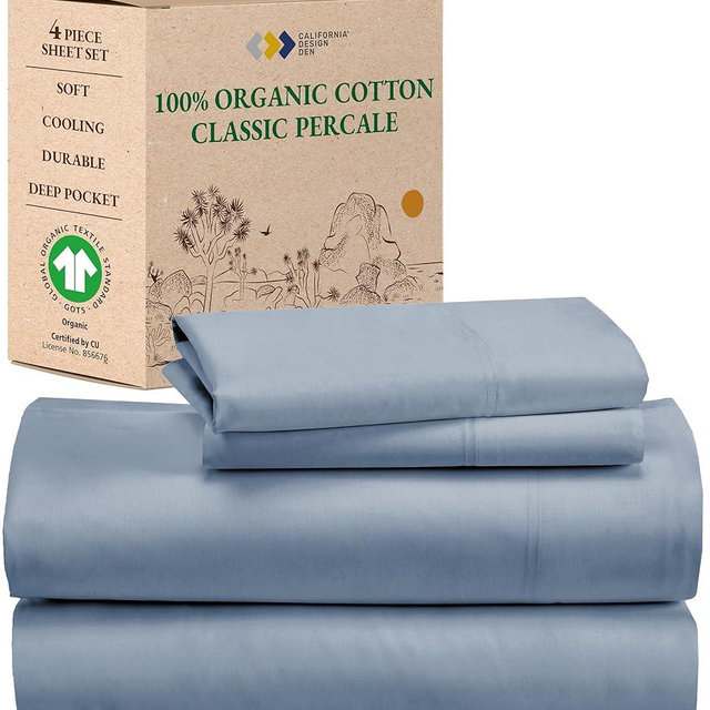 California Design Den 100% Organic Cotton Sheets for California King Size Bed, Deep Pocket Percale GOTS Certified, California King Bed Sheets Set, Soft,Breathable & Cooling Sheets, Blue Hydrangea