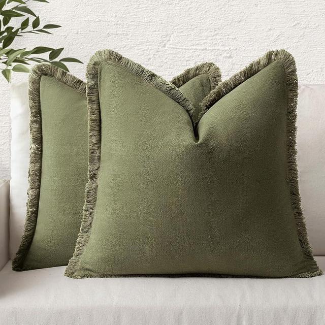 MIULEE Set of 2 Linen Throw Pillow Covers Decorative Square Pillow Covers Farmhouse Style Boho Cushion Covers Olive Green Pillow Covers with Fringe for Living Room 18x18 Inch