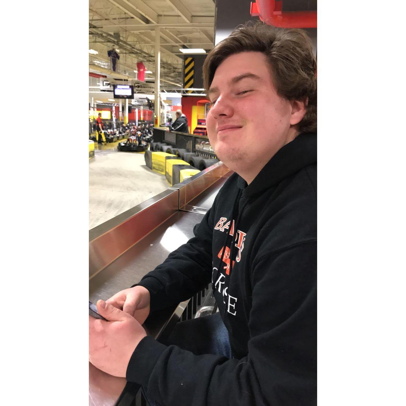 Celebrating our first Valentine's day together go-karting at the Galleria Mall