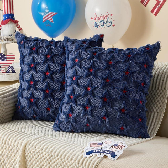 DFXSZ 4th of July Pillow Covers 18x18 inch Set of 2 4th of July Decor Red Embroidery Star Decoration Soft Plush Faux Fur Jacquard Throw Pillows Independence Day Decorations for Home Sofa PTK027A18