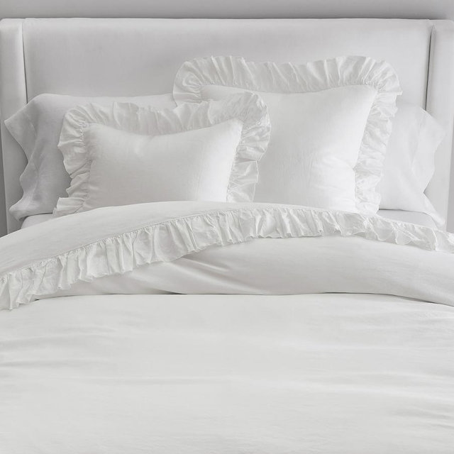 Belgian Flax Linen Fringe Ruffle Duvet Cover, Full/Queen, White