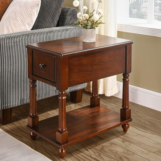 Narrow End SideTable with Drawer and Storage Shelf, Solid Wood Sofa Tables, Slim Beside Table-, Telephone for Small Spaces, Living Room, 22"L x 13"W x 22.7"H No-tools Assembly Dark Walnut BBJ004DWA