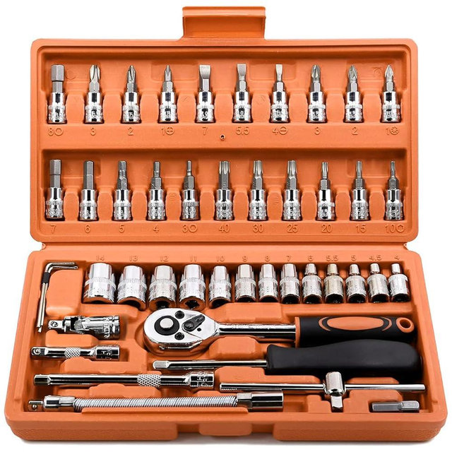 Egofine 46 Pieces 1/4 inch Drive Socket Ratchet Wrench Set, with Bit Socket Set Metric and Extension Bar for Auto Repairing and Household, with Orange Storage Case