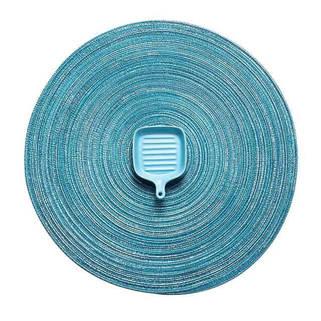 AHHFSMEI Round Placemats Set of 6 Round Braided Place mats 15 Inch Table Mats for Dining Tables Washable Heat Resistant Place mats for Party BBQ Christmas and Everyday Use (Blue Silver)