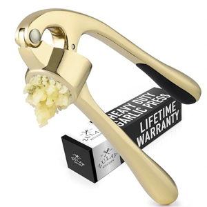 Gold Zulay Kitchen Premium Garlic Press with Soft, Easy to Squeeze Handle - Includes Silicone Garlic Peeler & Cleaning Brush - 3 Piece Garlic Mincer Tool - Sturdy Easy to Clean Garlic Crusher (Gold)