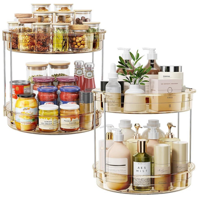 LAMU 2 Pack 2 Tier Lazy Susan Turntable Organizer 12'' Rotating Spice Rack Organization for Cabinet, Kitchen, Pantry, Countertop, Bathroom, Vanity, Medicine Cabinet Organizer, Amber