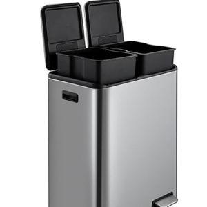 SIMPLI-MAGIC 60 Liter / 16 Gallon Rectangular Hands-Free Dual Compartment Recycling Kitchen Step Trash Can with Soft-Close Lid, Brushed Stainless Steel