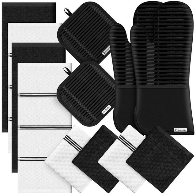 Oven Mitts Kitchen Towels and Dishcloths with Pot Holders Sets, Oven Gloves Hot Pads 500°F Heat Resistant with Silicone Grip, Include 2 Cooking Gloves/2 Potholders/4 Kitchen Towels/4 Dish Towels