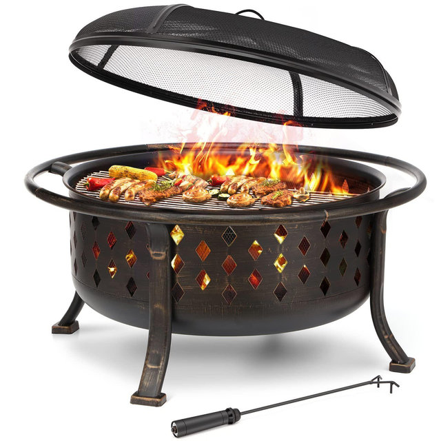 SINGLYFIRE 36" Stainless Steel Round Wood Fire Pit Outdoor Burning Fire Bowl with Spark Screen Black