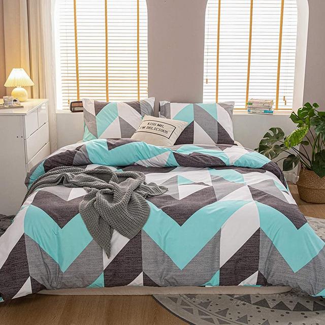 Bedbay Geometric Bedding Set Teal and Gray Chevron Duvet Cover Set Zigzag Chevron Pattern 3 Pieces Turquoise Duvet Cover Queen 1 Duvet Cover 2 Pillowcases No Comforter(Geometric, Queen)
