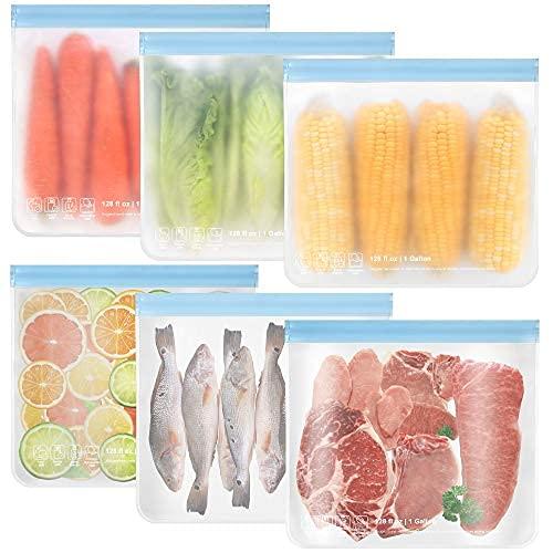 6 Pack Dishwasher Safe Reusable Gallon Freezer Bags, Reusable Food Storage Bags Extra Thick Leakproof Silicone & Plastic Free Bags For Marinate Meat Cereal Sandwich Snack Lunch