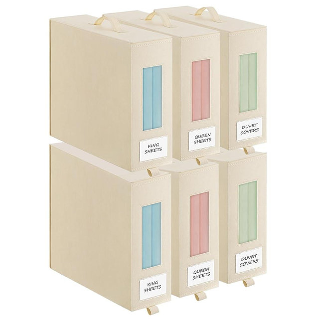 Baesyhom 6 Pcs Bed Sheet Organizers and Storage, Large Size Sheet Set Organizers (Queen & King) Duvet Covers Blanket Storage for Linen Closet with Handle, Zipper, Label and Clear Window, Beige