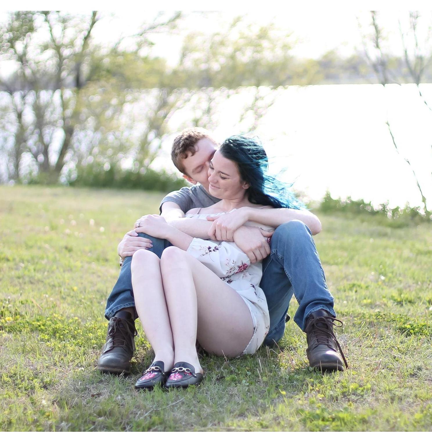 Here we are taking our engagement photos in Augusta, next to the lake.