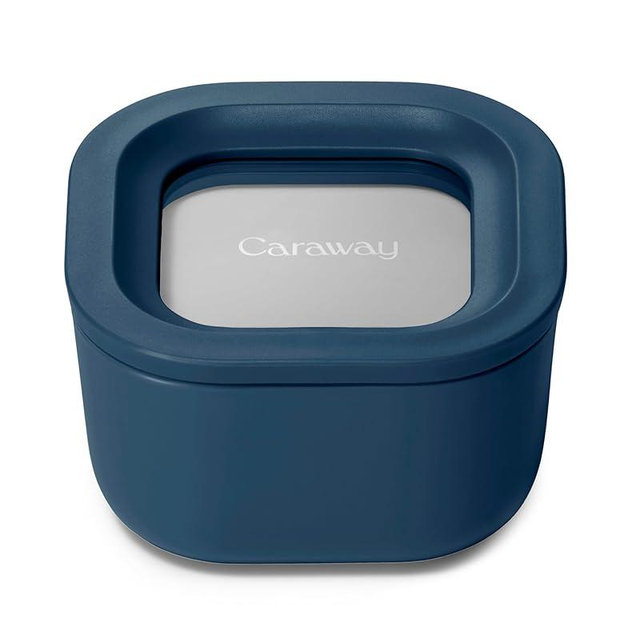 Caraway Mini Square Food Storage Container - 1.75 Cup Glass Storage Container for Food - Non-Toxic Ceramic-Coated Glass - Air Release Technology - Compact & Stackable Design - Navy