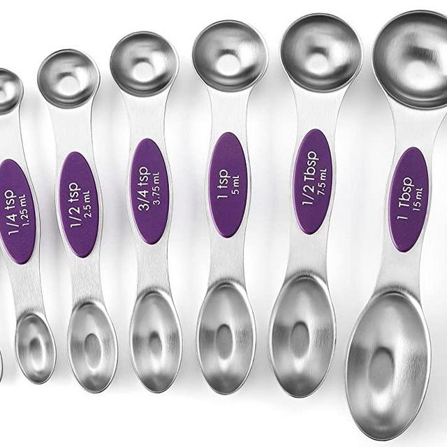 Spring Chef Magnetic Measuring Spoons Set, Dual Sided, Stainless Steel, Fits in Spice Jars, Purple, Set of 8