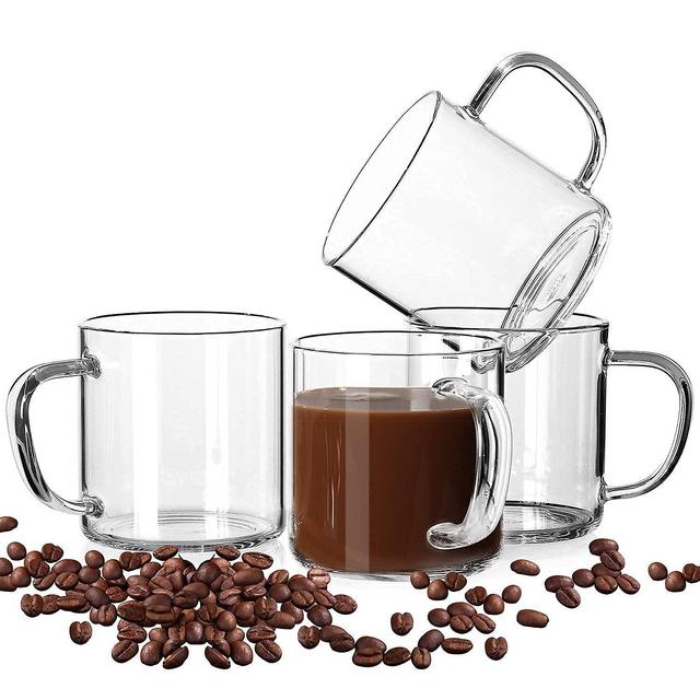 LUXU Glass Coffee Mugs Set of 4,Large Wide Mouth Mocha Hot Beverage Mugs (14oz),Clear Espresso Cups with Handle,Lead-Free Drinking Glassware,Perfect for Latte,Cappuccino,Hot Chocolate,Tea and Juice