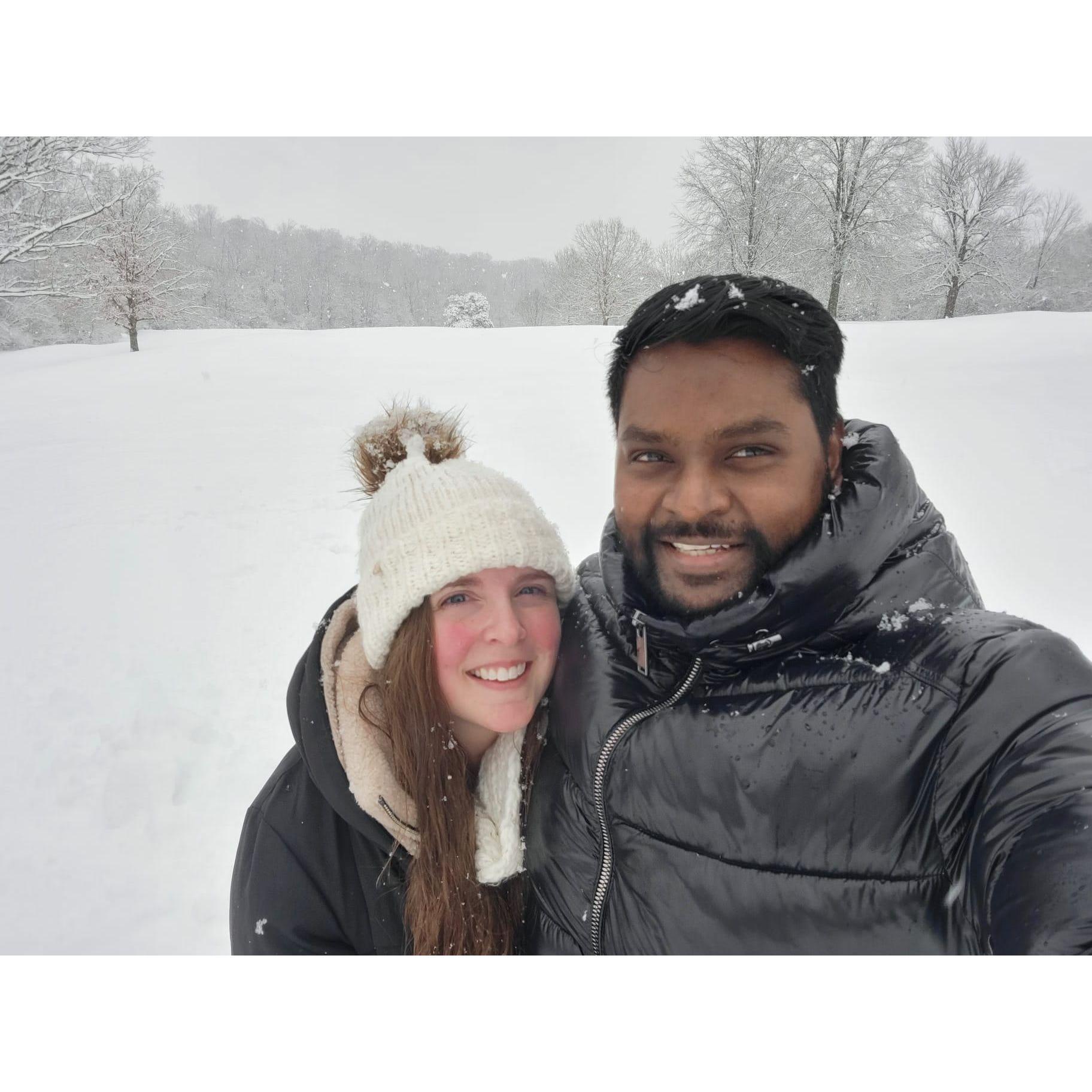 We went to Sharon Woods when it was snowing a lot forgetting it was the same park my parents went to the first winter they were dating.  We came to the big hill they climbed up, and so we did too!