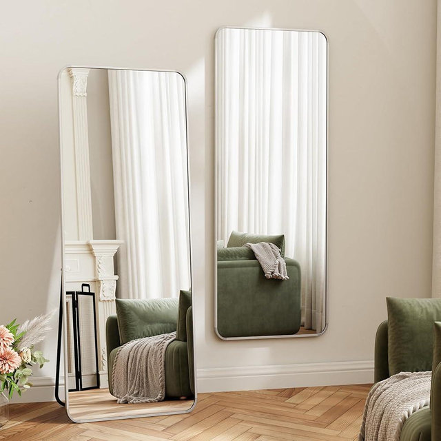 Riskioir 56" x 21" Full Length Mirror with Stand, Full Body Mirror Standing Floor Mirrors for Bedroom, Living Room, Entryway with Rounded Corner Aluminum Frame - Standing, Leaning, Hanging, Silver