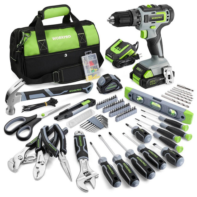 WORKPRO 157 Pcs Household Tool Kit with 20V Cordless Lithium-ion Drill Driver - Grey