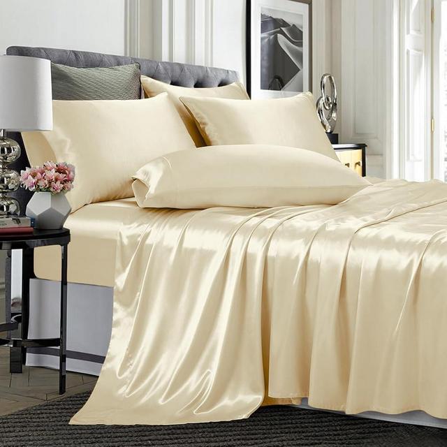 TREELY 6 Piece King Size Satin Sheet Set - Silky Smooth Beige Satin Fitted Sheet, Flat Sheet, 4 Pillowcases