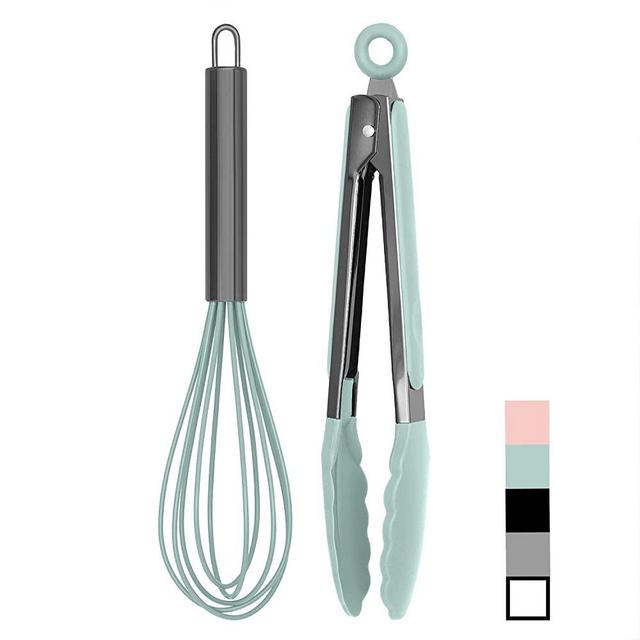 Country Kitchen 10" Whisk and Tong Kitchenware Set for Nonstick Cookware, Silicone and Stainless Steel Accessories for Cooking, Baking, Frying, Grilling, Blending and Serving- Gun Metal and Mint Green