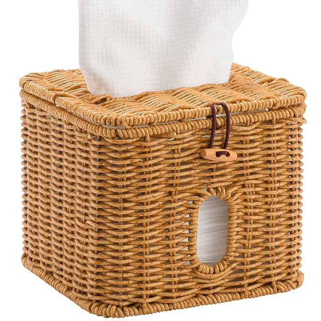 Hordely Facial Clean Skin Club Face Towels Holder for Bathroom, Plastic Rattan Disposable Face Towel Holder, Farmhouse Style for XL Face Towels Box Basket with Lid, Brown