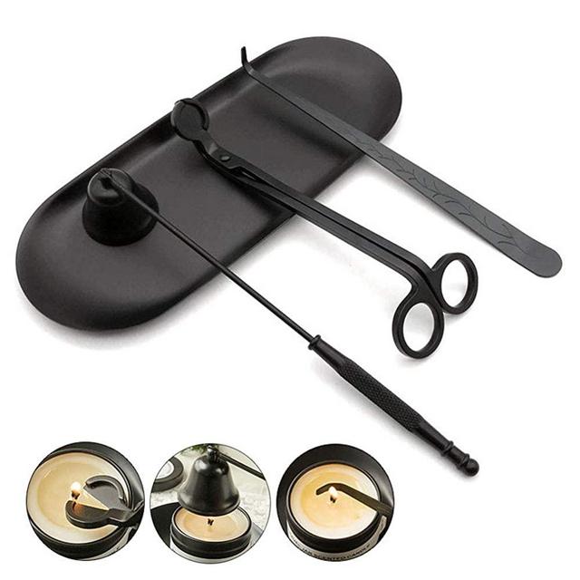 YONUFI Candle Accessory Set 4 in 1 - Candle Snuffer, Wick Trimmer, Wick Dipper and Plate Tray (Black)
