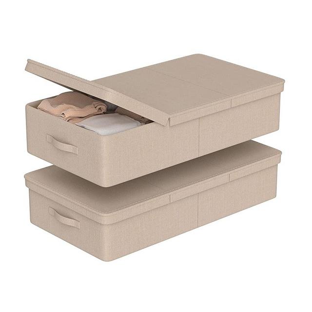 2Pack Under Bed Storage Bins With Lids Carry Handles Linen Fabric Foldable Stackable Sturdy Large Capacity Clothes Organizer for Clothing, Shoes, Blankets, Sweaters, Toys (Beige, 32"*17"*6")
