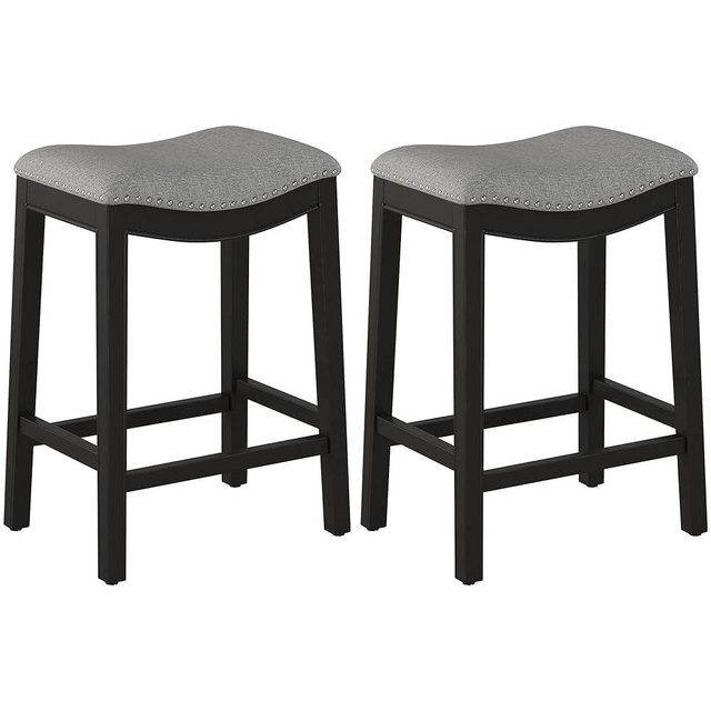 GOOLON Bar Stools Set of 2, Counter Height Stools Saddle Seat, 27” Vintage Linen Fabric Chairs with Wood Legs and Nailhead Upholstered Seat for Kitchen Island, Gray