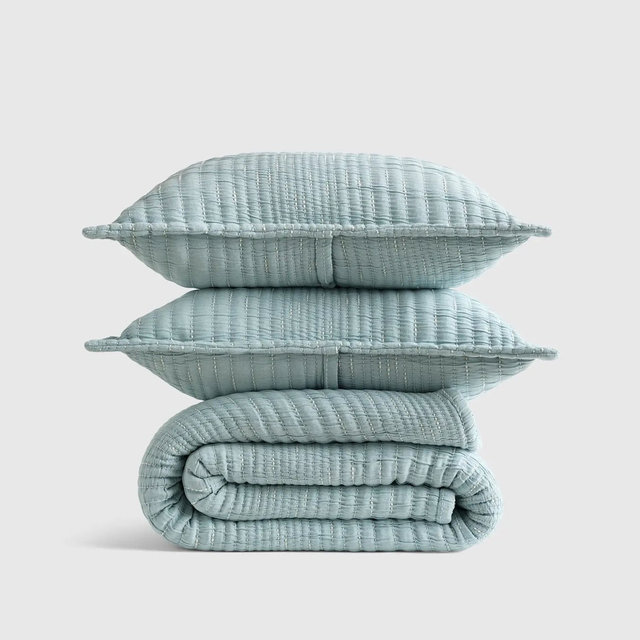 Organic Cotton Channel Stitch Coverlet Set - Sky Blue, Full/Queen