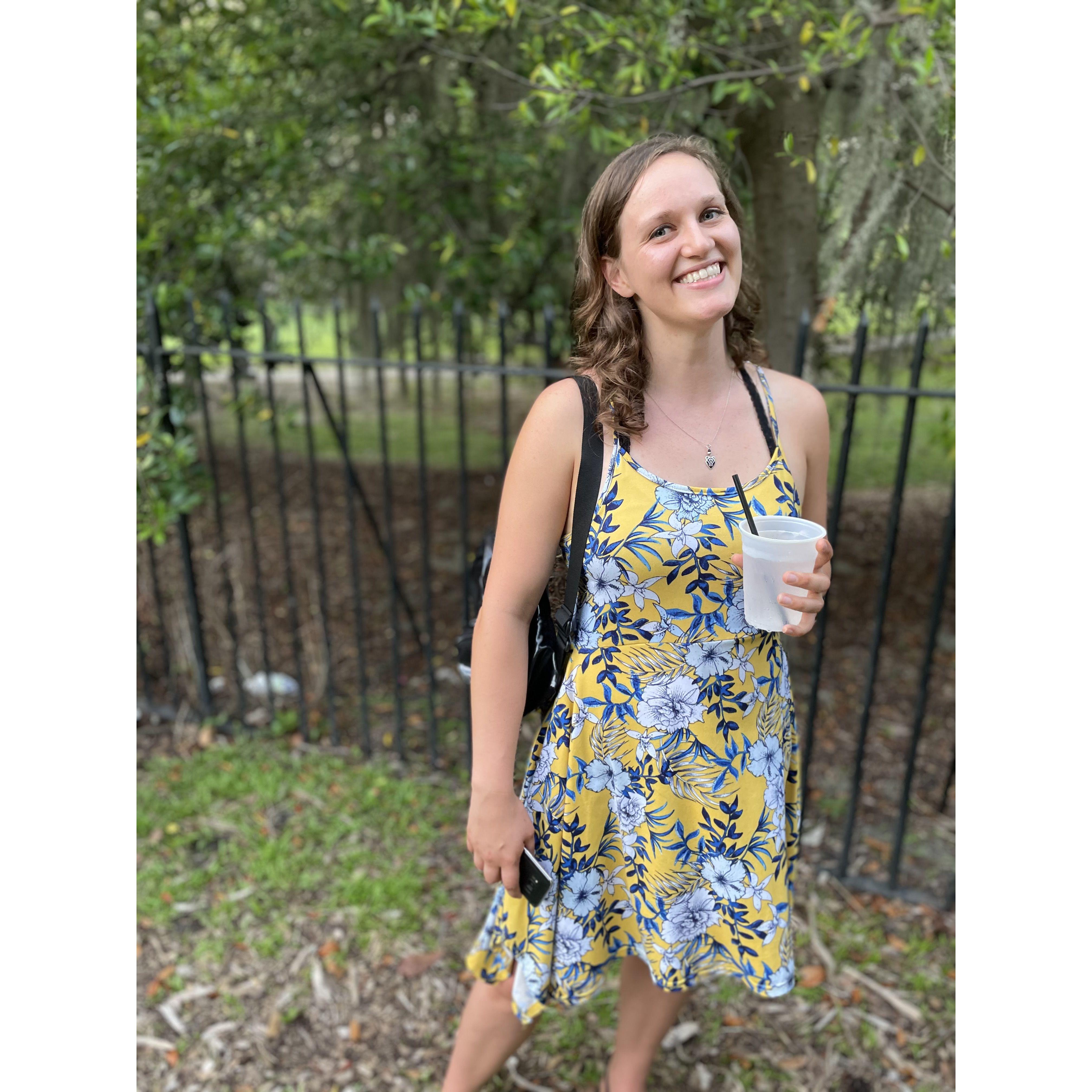 Kate and Travis on a ghost tour their first time through Savannah on a road trip 2021