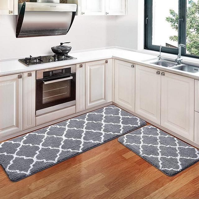 KMAT 2 PCS Kitchen Rugs and Mats Non Slip 20"x32"+20"x59"，Grey Soft Microfiber Kitchen Mat Super Absorbent Washable Runner Carpets Sink Rugs Set for Kitchen，Bathroom，Floor Home,Laundry