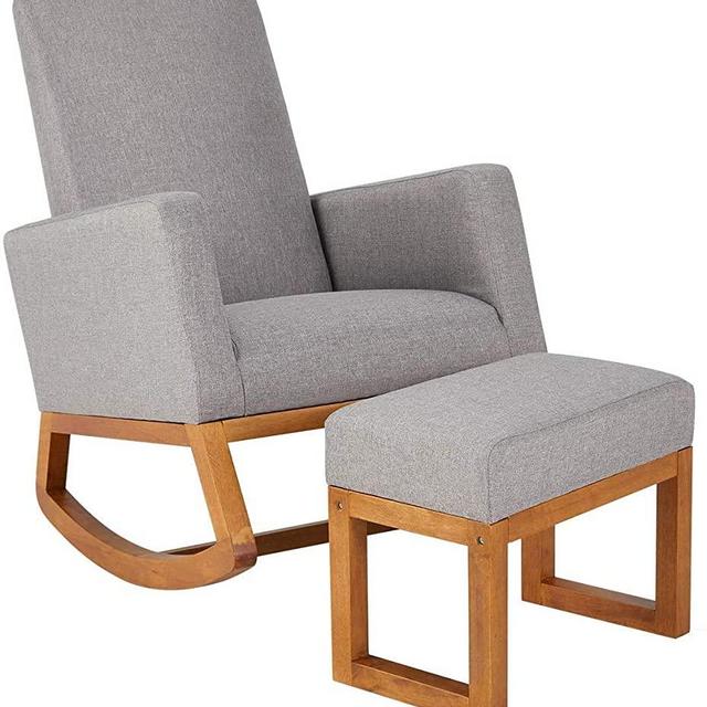YOLENY Rocking Chair,Mid Century Accent Chair,Glider Rocker with Ottoman,Seat Wood Base,High Back Linen Armchair,Gray Set