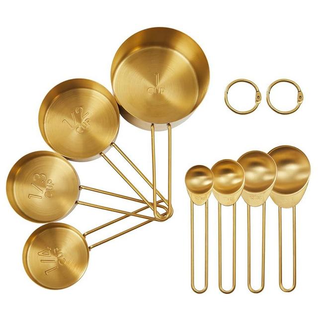 Golden 304 Stainless Steel Measuring Cups and Spoons Set,8PCS Stackable & Long Handle Fits Narrow Jars, Premium Gold Kitchen Gadgets for Liquid & Dry Ingredients Baking Cooking, Durable&Rust-Proof