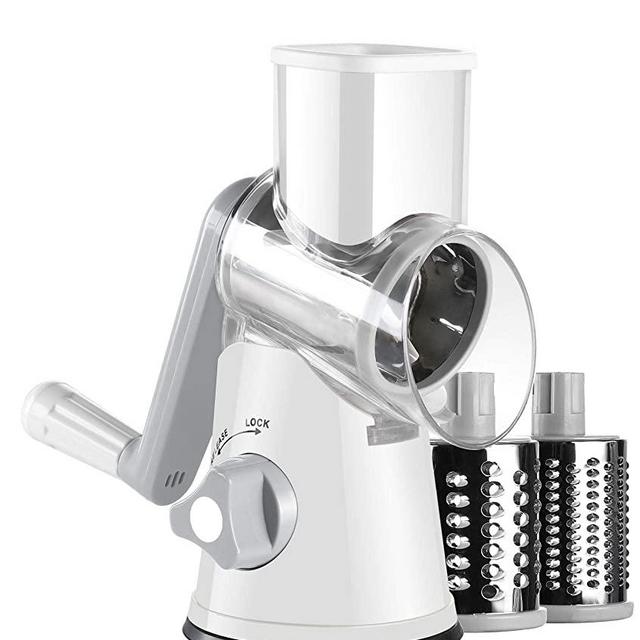 Ancevsk Manual Rotary Cheese Grater - Round Vegetable Slicer with 3 Interchangeable Blades for veggie, Nuts, Fruit （white）
