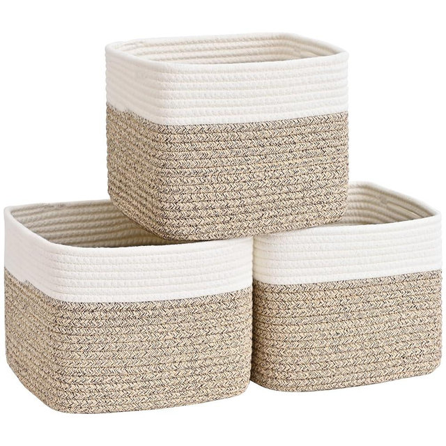 Degeyoyo 3 Pack Cube Storage Bin, 9”x9”x7” Cotton Rope Woven Baskets for Organizing Toys Clothes Towels, Square Gift Storage Baskets for Shelf, Nursery, Closet, Bathroom, Pantry (White & Jute)